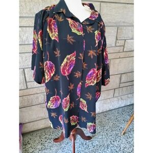 Vintage Personal Touch 4X Button‎ Down Duster Dress Leaf Print Black Multicolor
